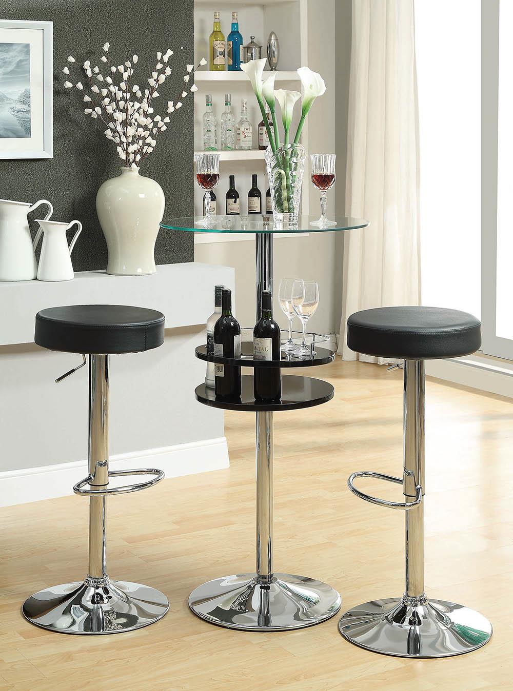 G120715 - Glass Top Bar Table With Wine Storage Black and Chrome Bar Set - ReeceFurniture.com