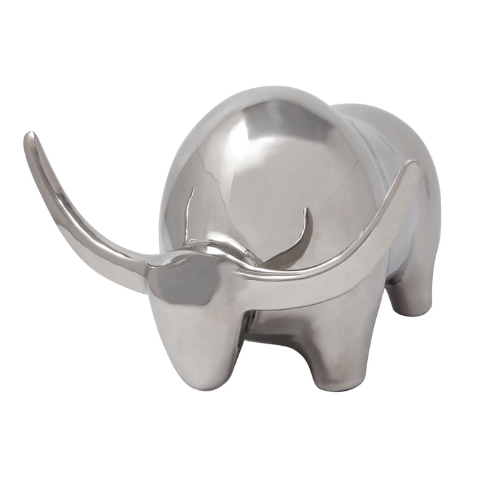 Silver Ceramic Bull, Head Down, 6.5"