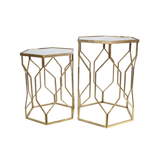 S/2 Mirrored Hexagon Accent Tables 25/21" Gold - ReeceFurniture.com