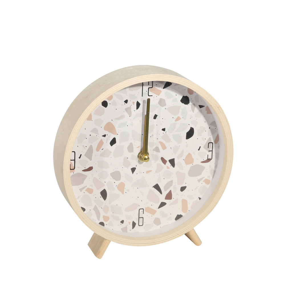 Wood 8" Terrazzo Table Clock,White - ReeceFurniture.com