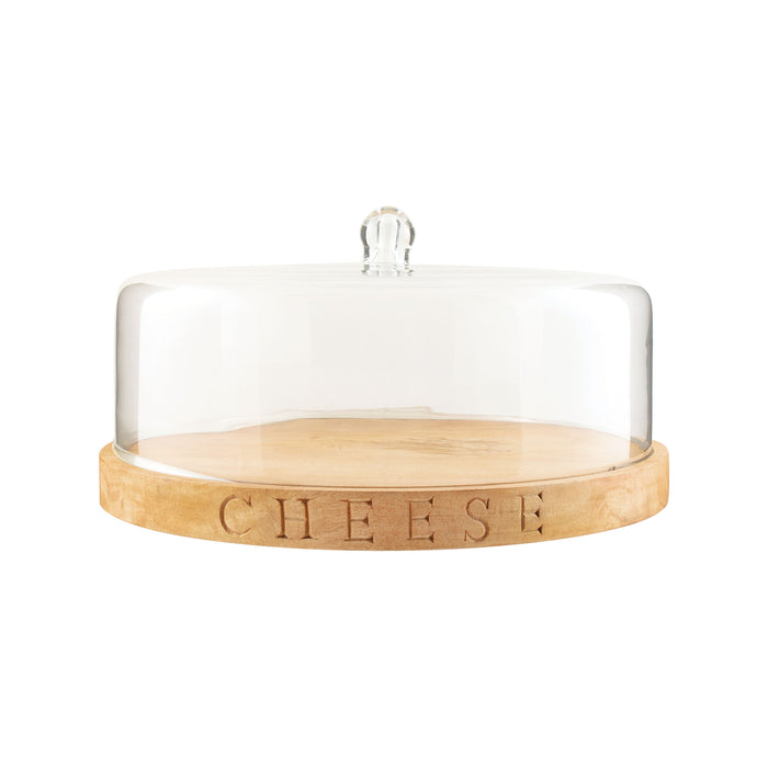 TRAY045 - Cheese Carved Wood Tray with Cloche in Natural Mango