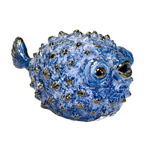 Blue Ceramic Puffer Fish 10" - ReeceFurniture.com