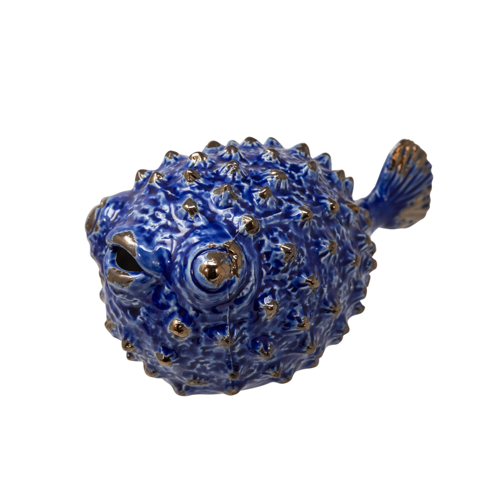 Blue Ceramic Puffer Fish 8" - ReeceFurniture.com