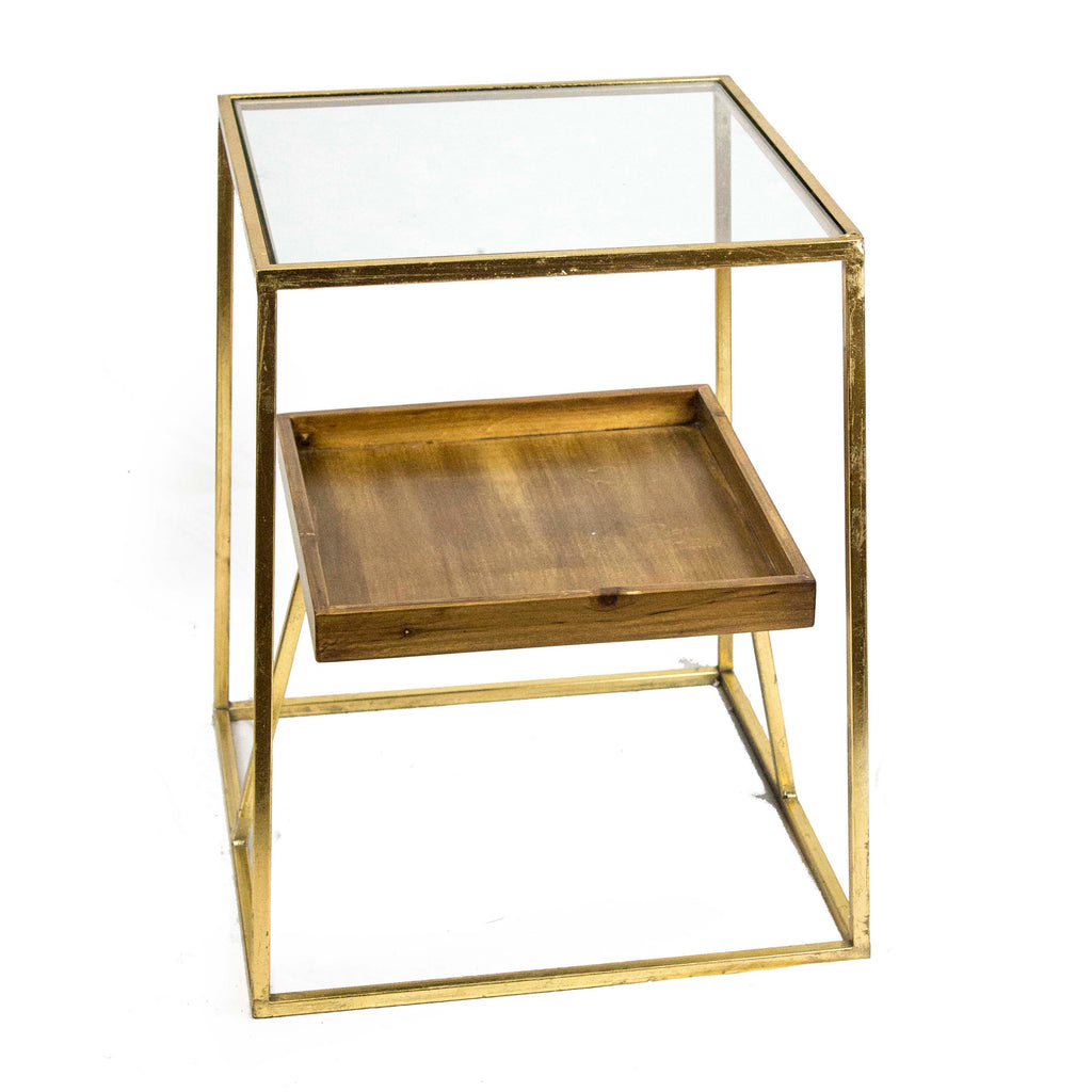 2-Tier Gold Accent Table, Wood, Glass Top - ReeceFurniture.com