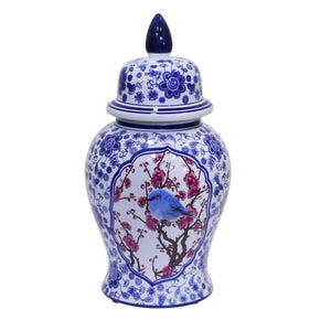 Blue/White Bird Temple Jar 18" - ReeceFurniture.com