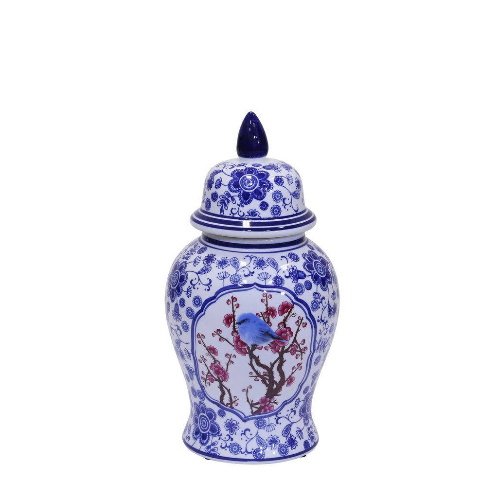 Blue/White Bird Temple Jar 17" - ReeceFurniture.com