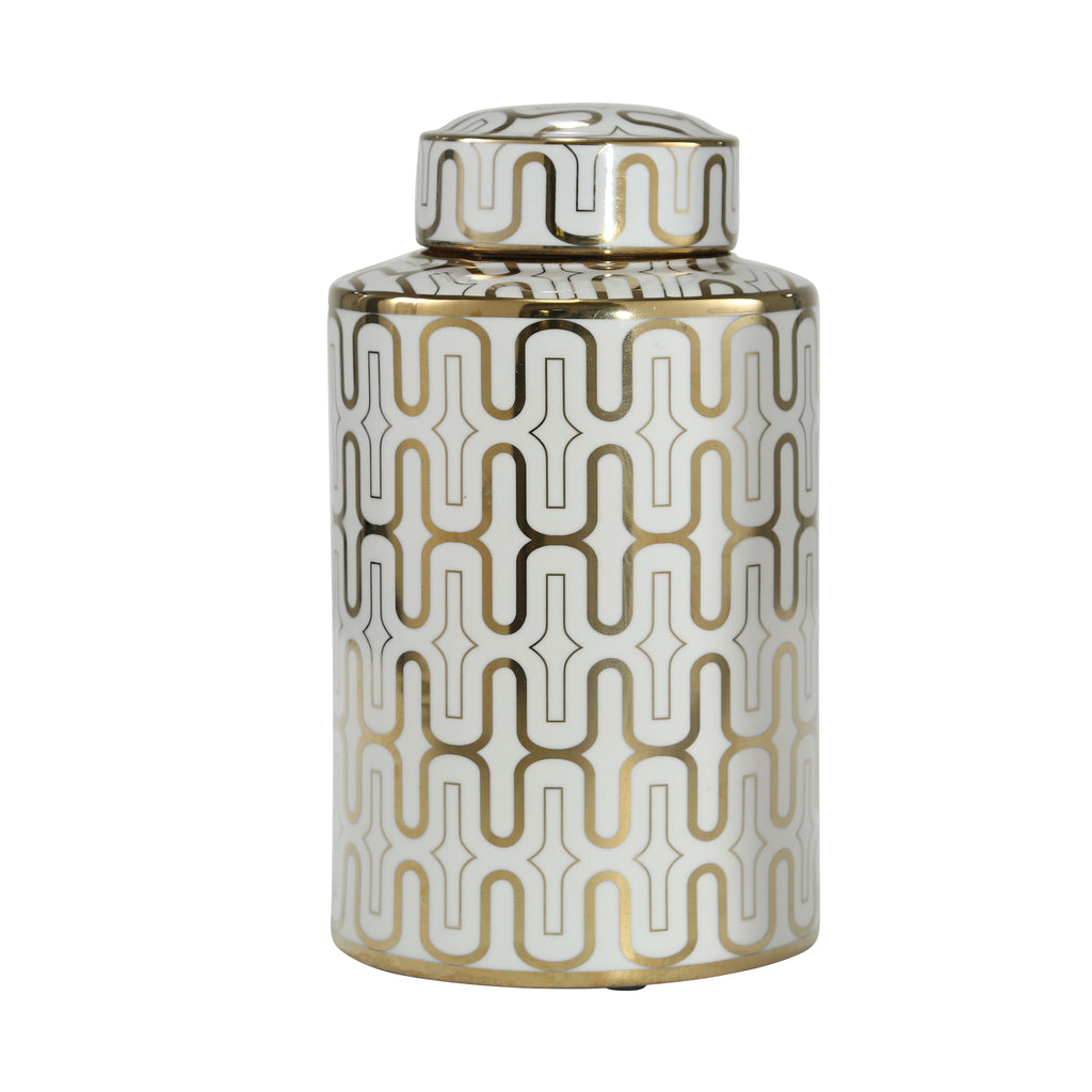 White/Gold Pattern Ceramic Jar12" - ReeceFurniture.com