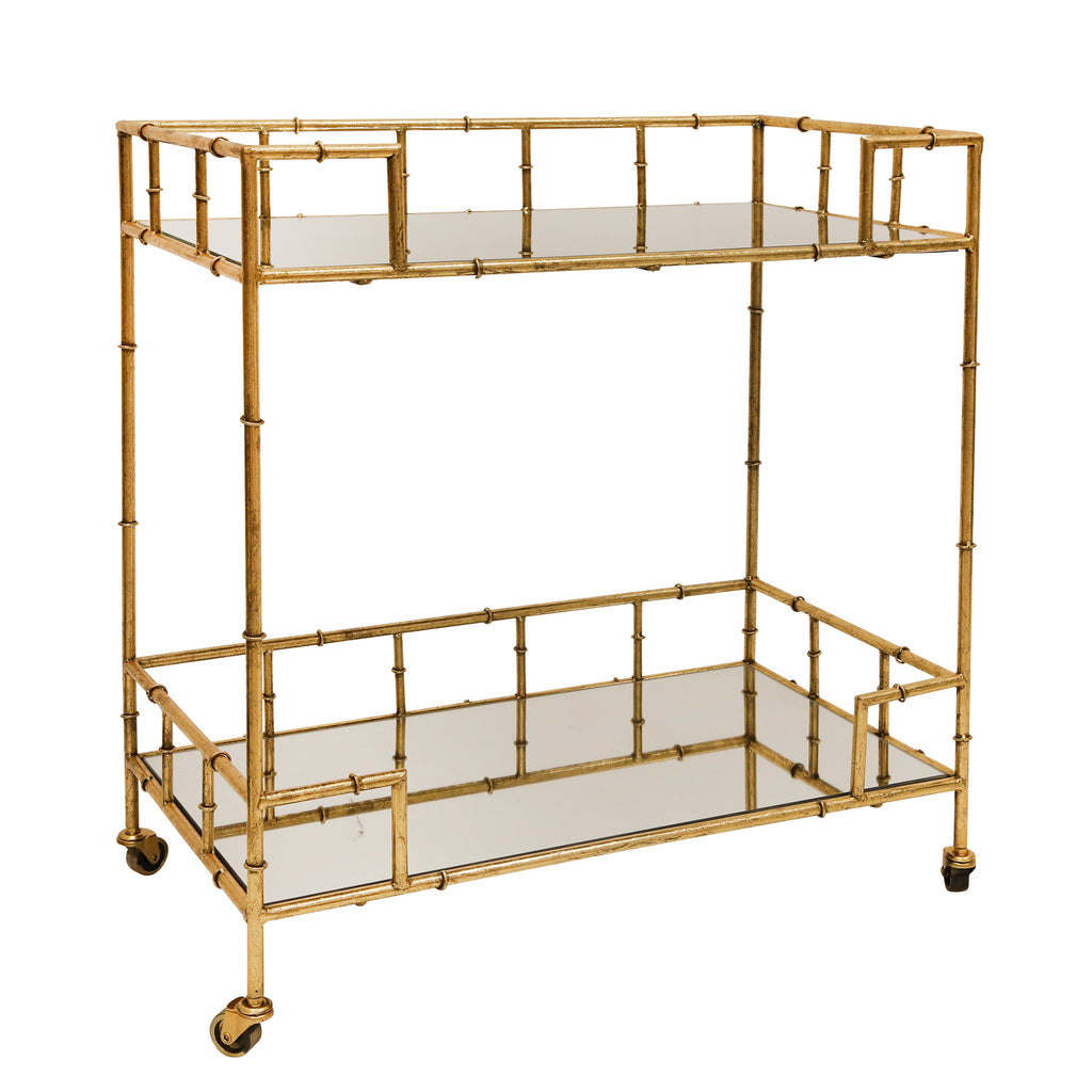 2-Tier Gold Metal Bar Cart, Mirrored Top - ReeceFurniture.com