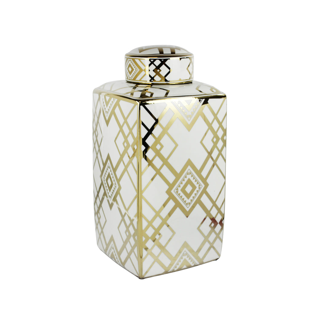White/Gold Square Ceramic Jar 18" - ReeceFurniture.com