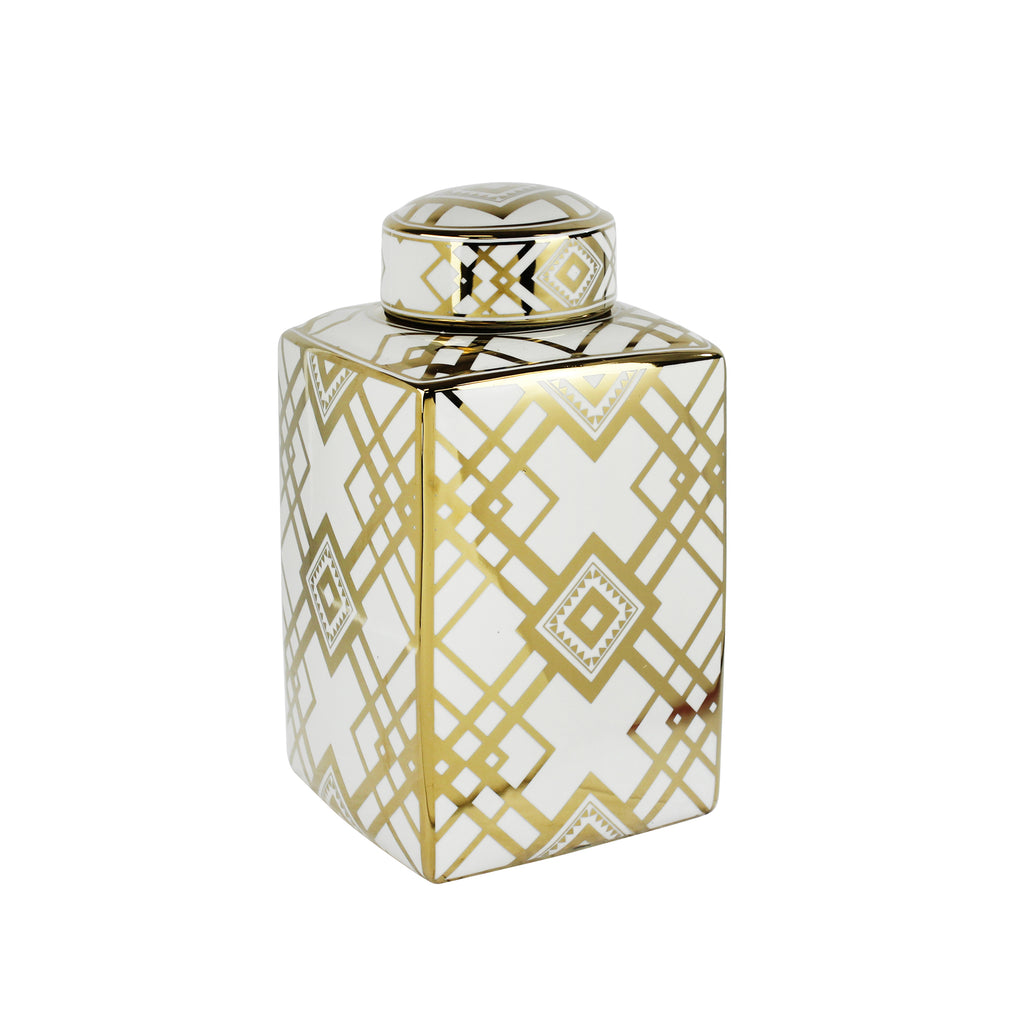 White/Gold Square Ceramic Jar 15.75" - ReeceFurniture.com