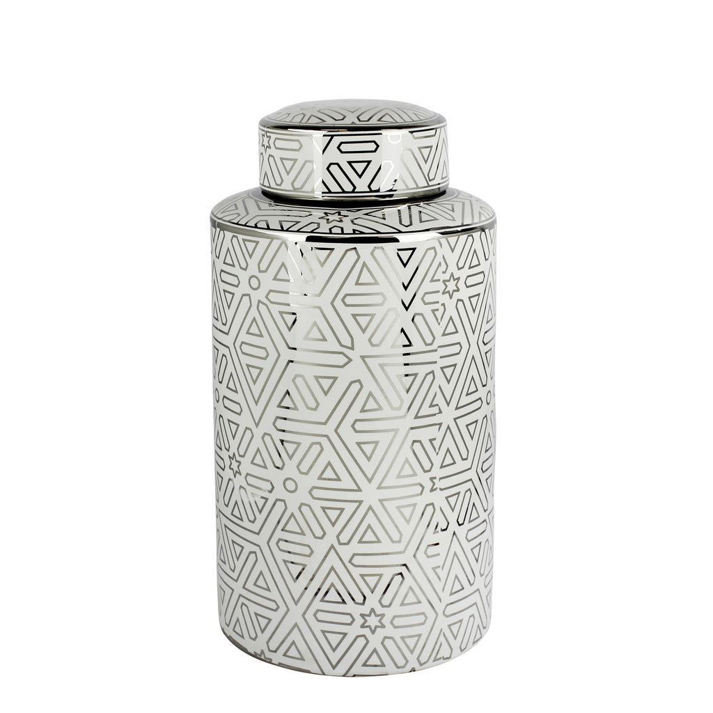 White/Silver Geometric Jar 15.75" - ReeceFurniture.com