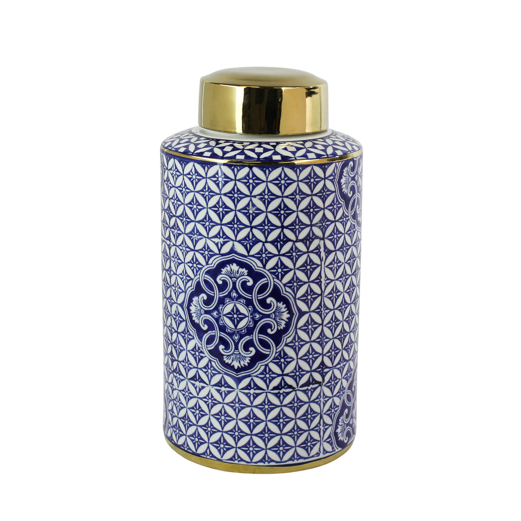 Blue/White Ceramic Jar, Gold Lid 15.75" - ReeceFurniture.com