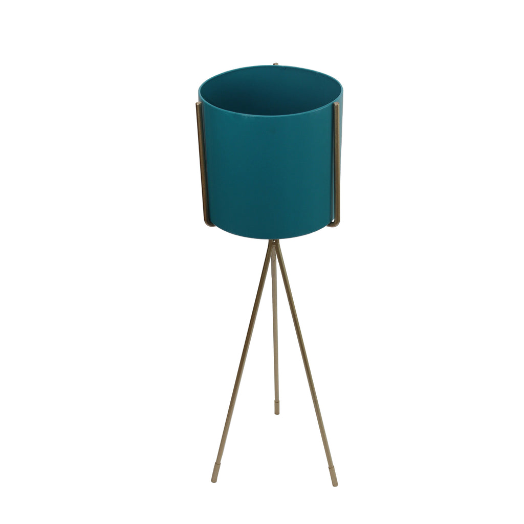 Light Teal Metal Planter On Gold Tripod - ReeceFurniture.com