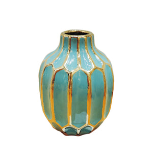 Turquoise/Gold Ceramic Vase 8" - ReeceFurniture.com