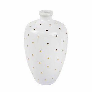 White Vase W/ Gold Dots 9.5" - ReeceFurniture.com