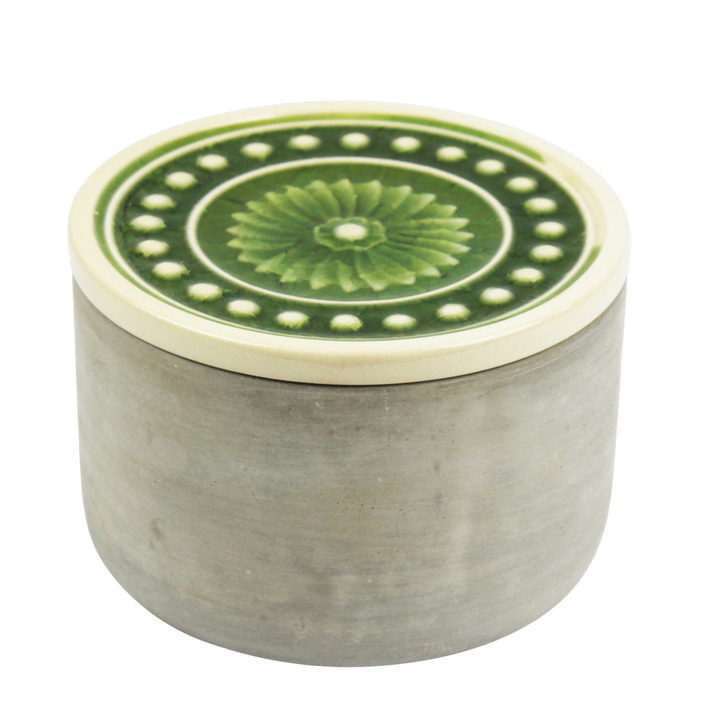 Round Cement Box, Green Glazed Lid 6" - ReeceFurniture.com