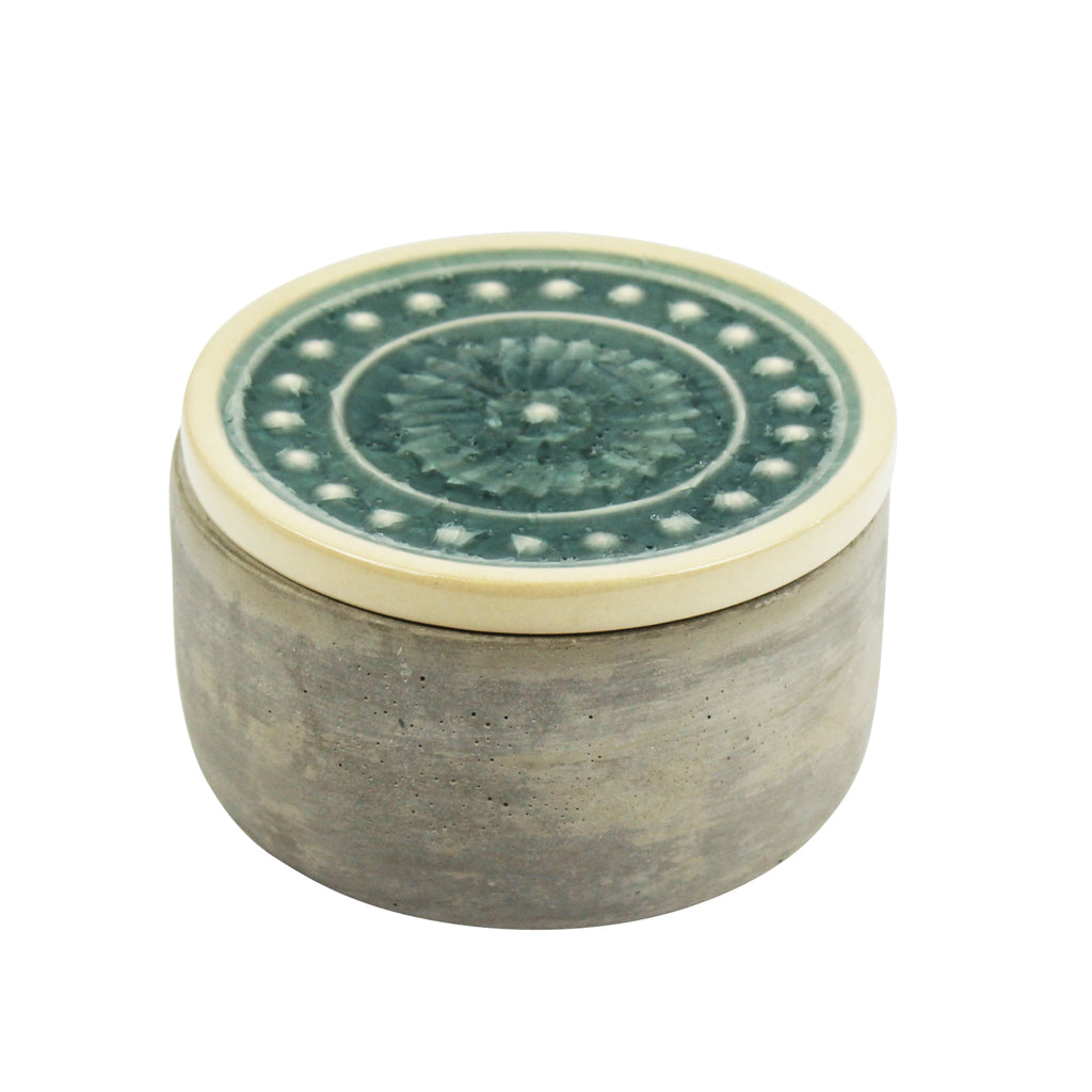 Round Cement Box, Teal Glazed Lid 5" - ReeceFurniture.com