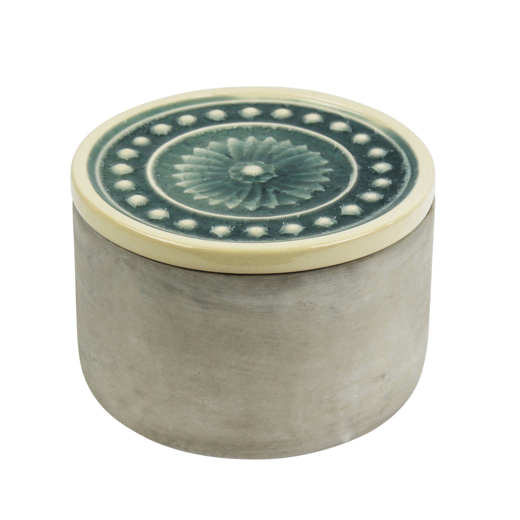 Round Cement Box, Teal Glazed Lid 6" - ReeceFurniture.com