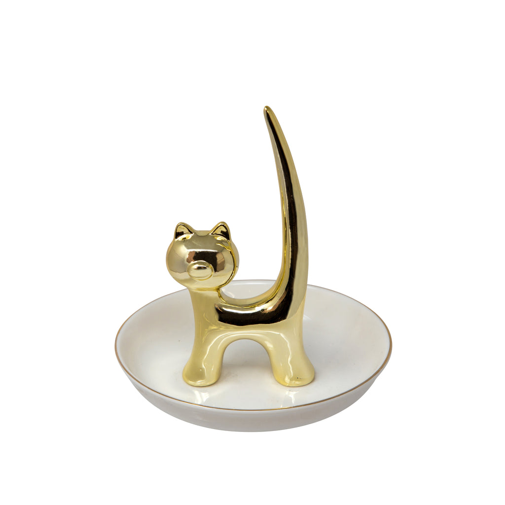 White/Gold Cat Ring Holder 6" - ReeceFurniture.com