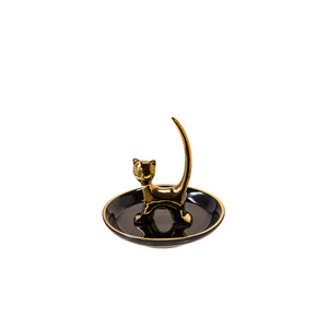 Black/Gold 4" Ceramic Cat Trinket Tray - ReeceFurniture.com