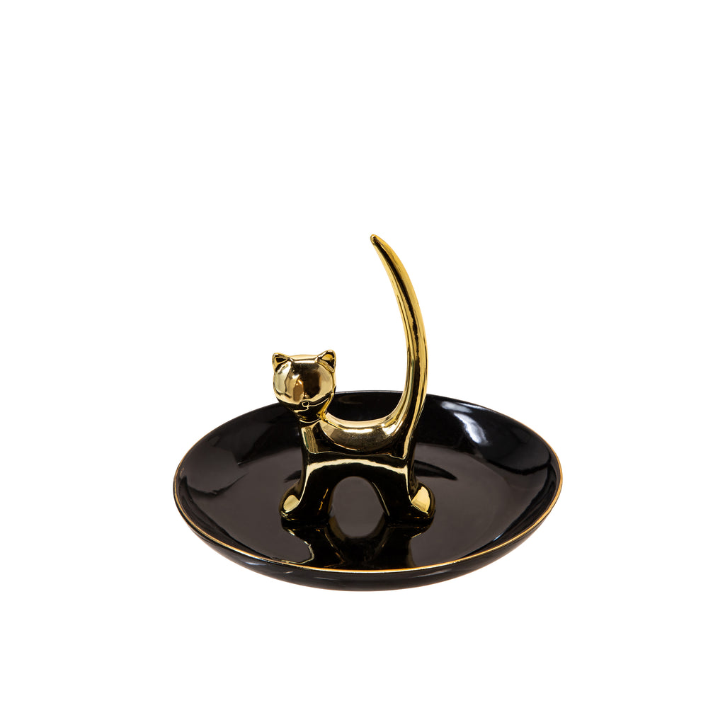 Black/Gold 6" Ceramic Cat Trinket Tray - ReeceFurniture.com
