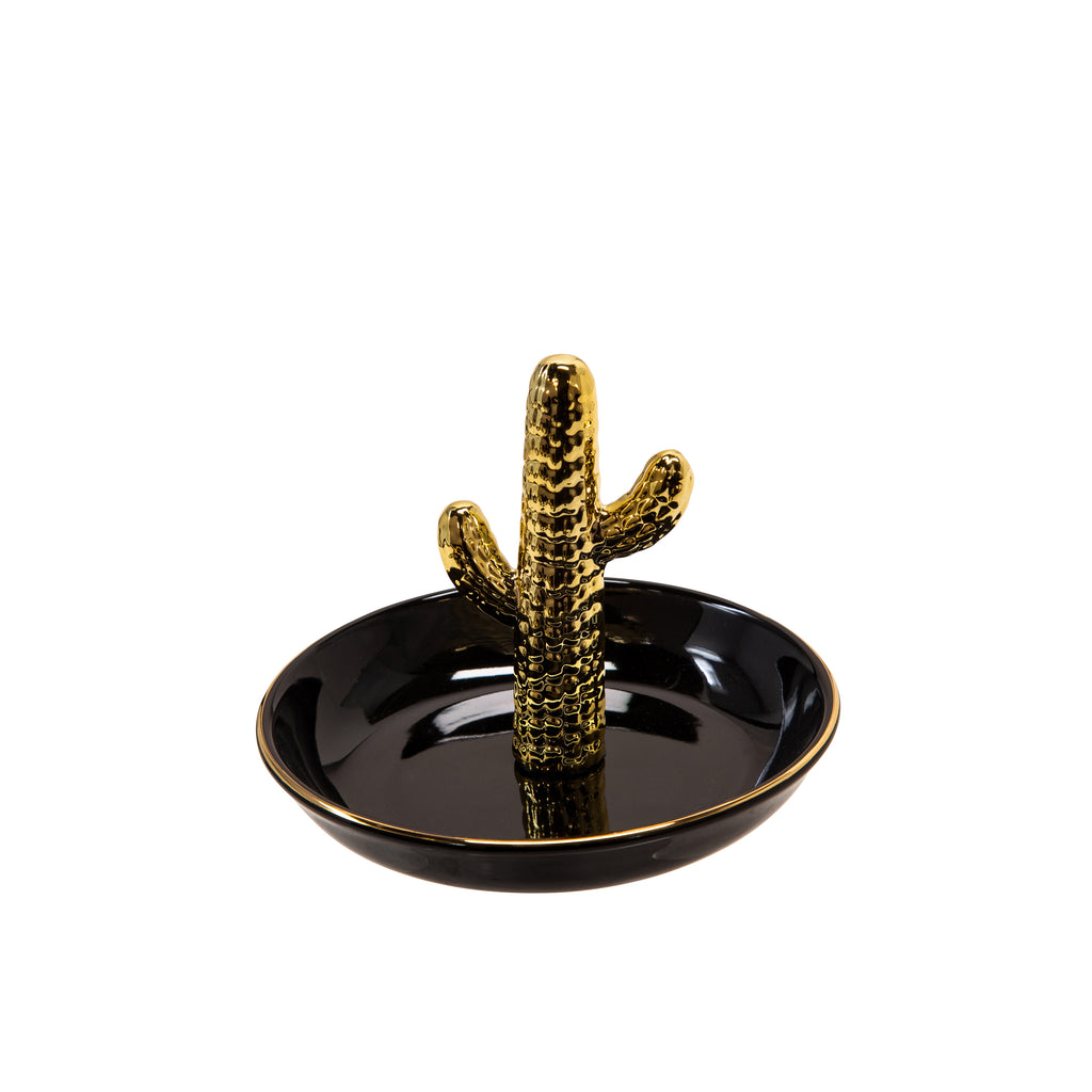 Black/Gold 6" Ceramic Cactus Trinket Tray - ReeceFurniture.com