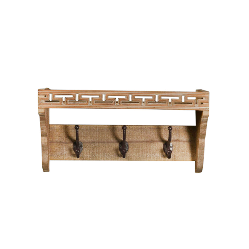 Wood Wall Shelf W/ 3 Hooks - ReeceFurniture.com