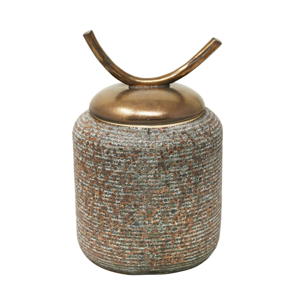 Brown/Green Jar W/ Horn Lid 15.5" - ReeceFurniture.com
