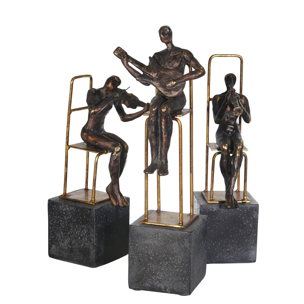 Set/3 Polyresin Musicians On Base, Black/Gold - ReeceFurniture.com
