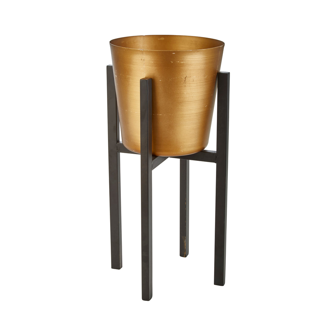 Gold Metal Planter, Black Stand 18.5" - ReeceFurniture.com