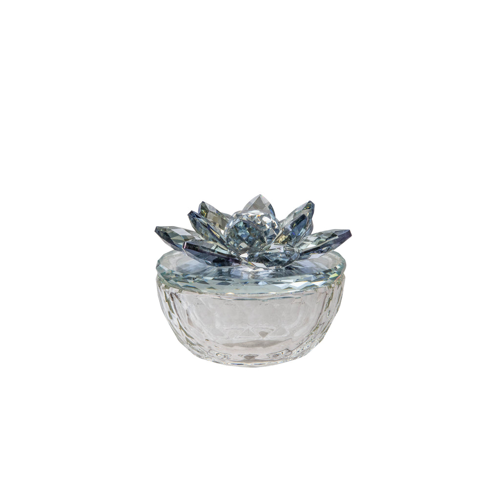 Glass Trinket Box Clear W/Lt Blue Lotus Top - ReeceFurniture.com