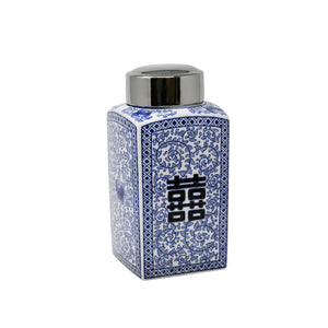 Square White/Blue/Silver Jar 1, 2" - ReeceFurniture.com