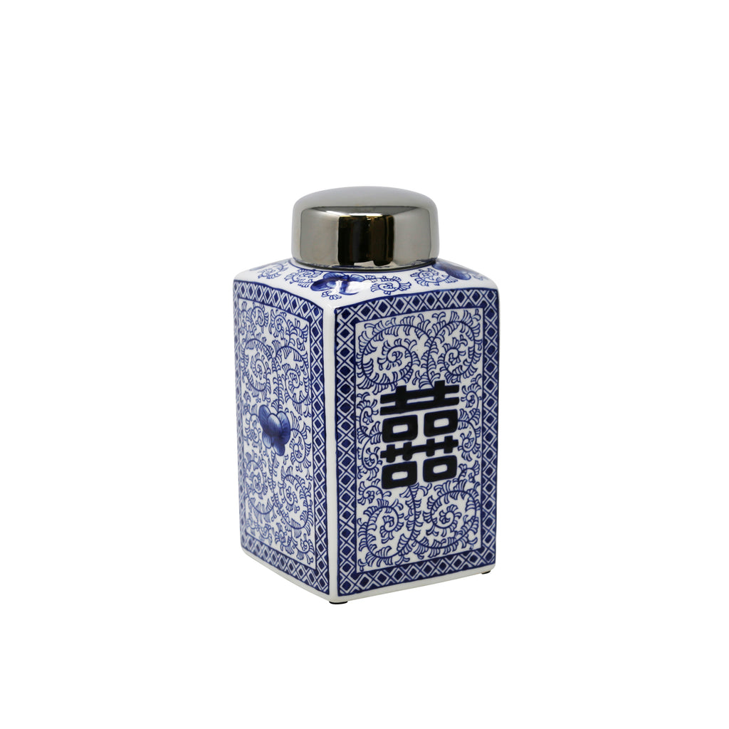 Square White/Blue/Silver Jar 10" - ReeceFurniture.com