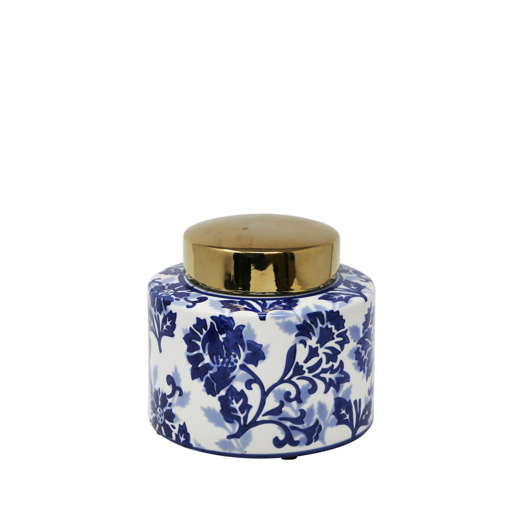 White/Blue Jar W/ Gold Lid 8" - ReeceFurniture.com