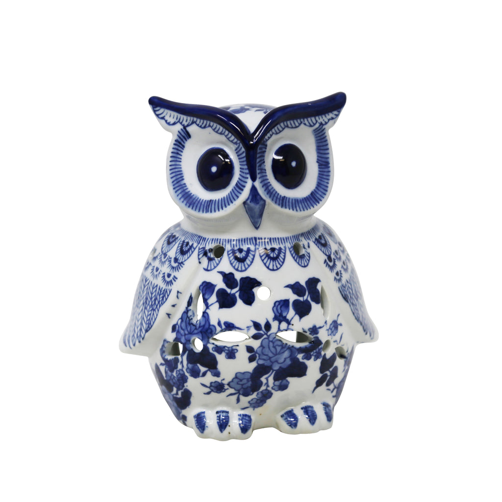 White/Blue Ceramic Owl 8" - ReeceFurniture.com