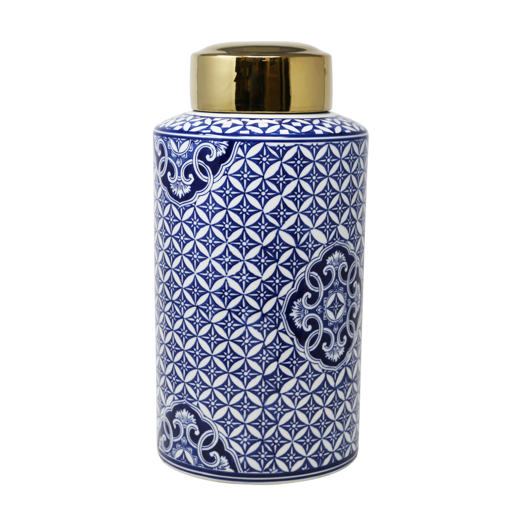 White/Blue Jar W/ Gold Top 16" - ReeceFurniture.com