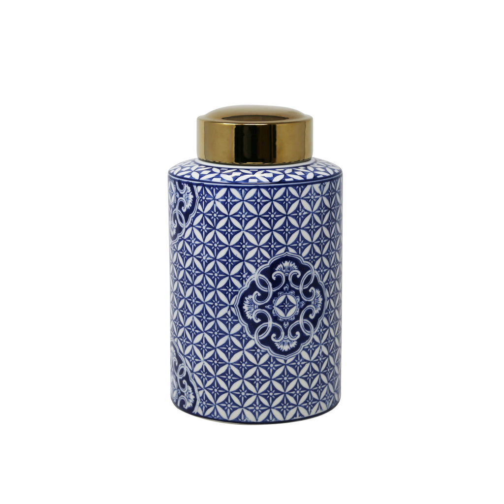 White/Blue Jar W/ Gold Top 12" - ReeceFurniture.com