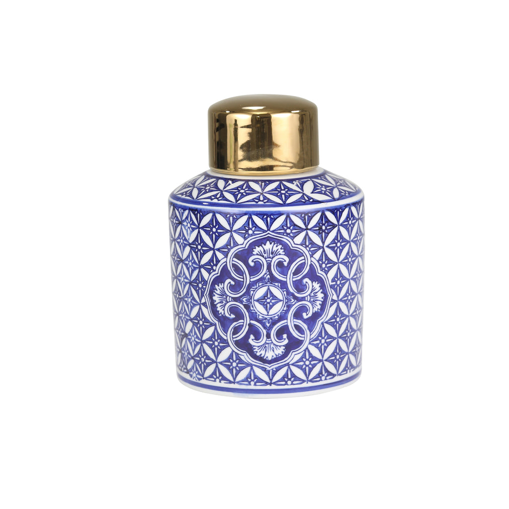 White/Blue Jar W/ Gold Top 8.5" - ReeceFurniture.com