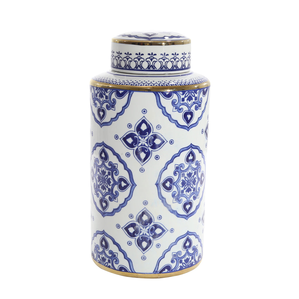 White/Blue Jar W/ Gold Detail, 16" - ReeceFurniture.com