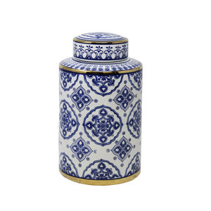 White/Blue Jar W/ Gold Detail, 12" - ReeceFurniture.com