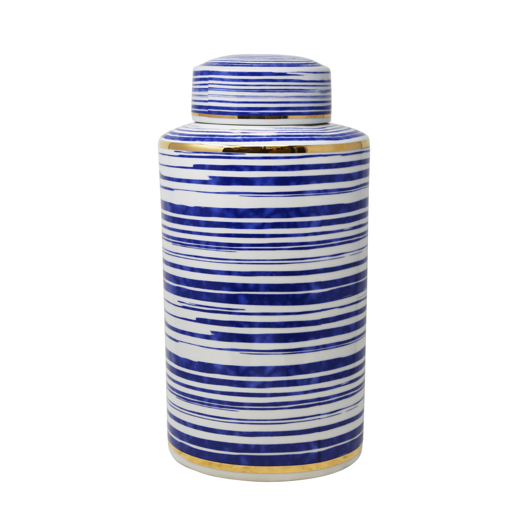 Striped White/Blue/Gold Jar 16" - ReeceFurniture.com