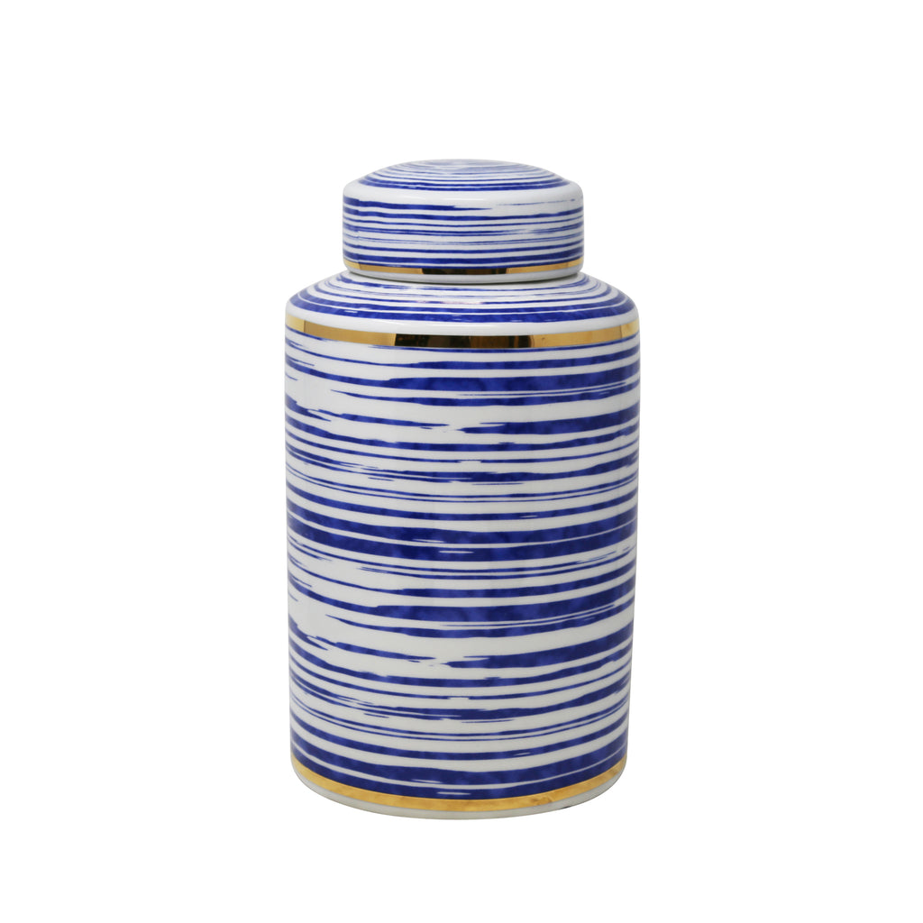 Striped White/Blue/Gold Jar 12" - ReeceFurniture.com