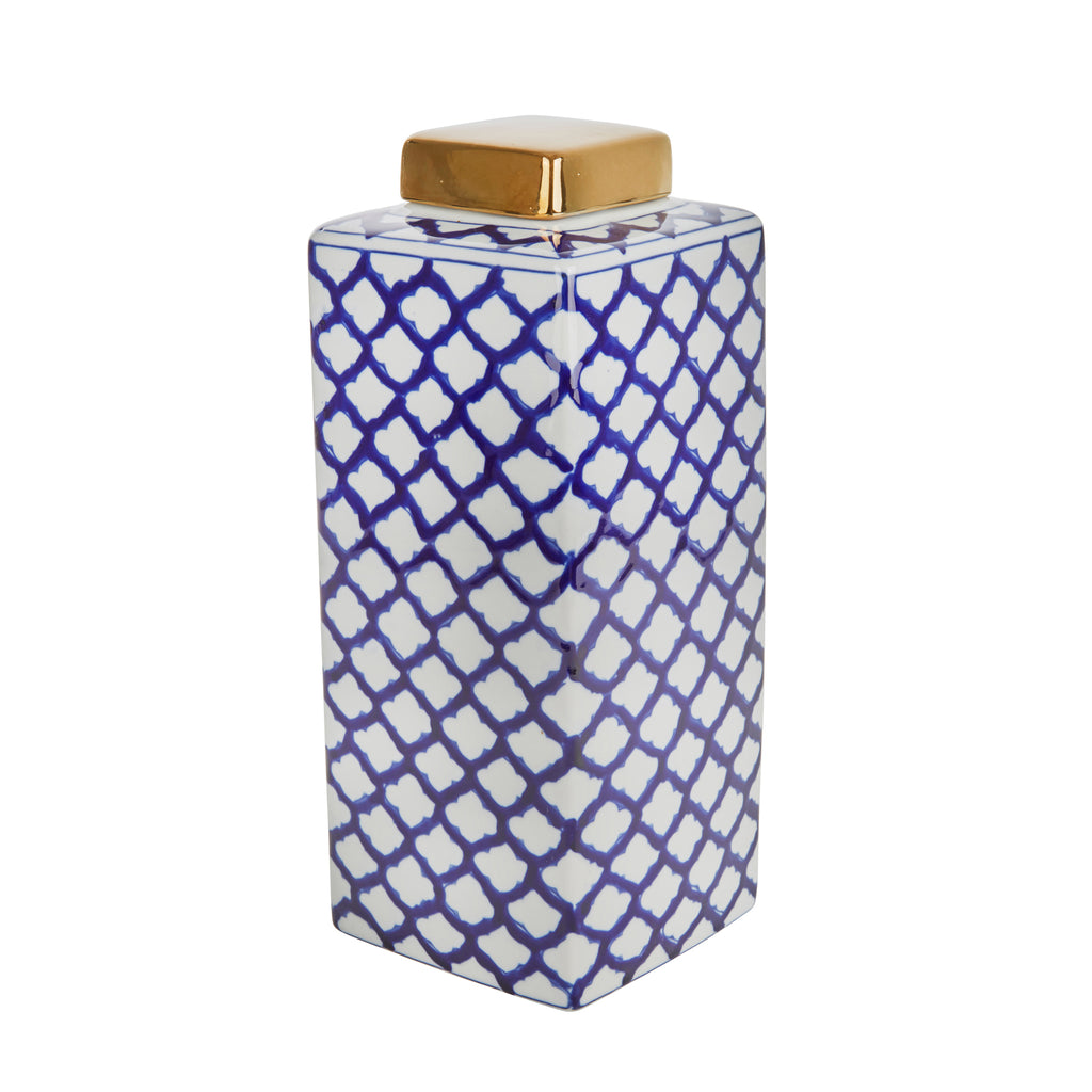 Square White/Blue Jar W/ Gold   Lid, 16" - ReeceFurniture.com