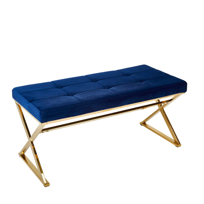 Blue/Gold Velveteen Bench, X Legs, Kd