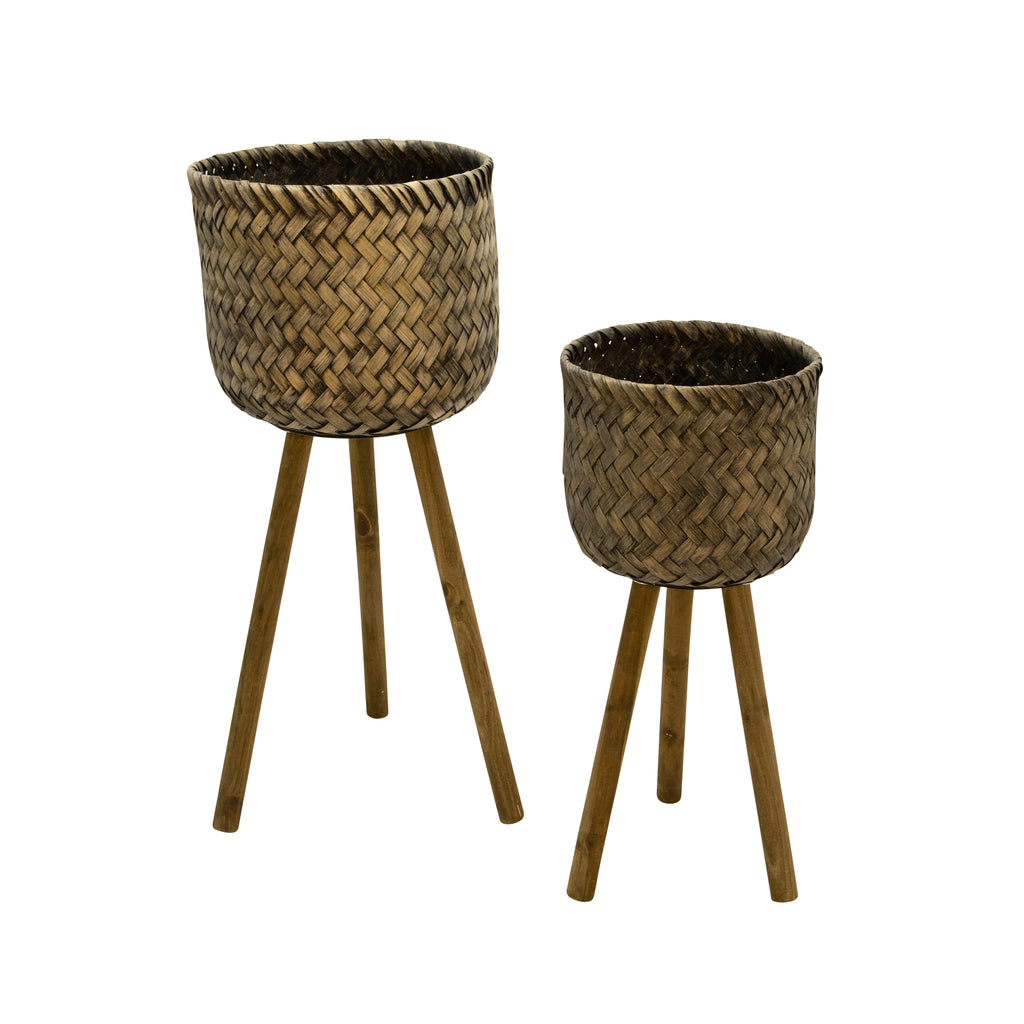 S/2 Bamboo Planters On Stands,Black Wash - ReeceFurniture.com