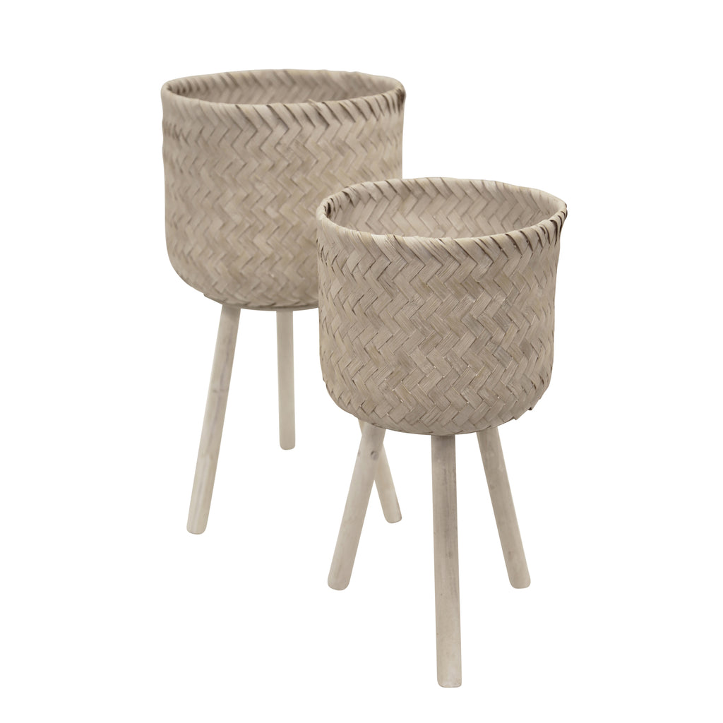 S/2 Bamboo Planters On Stand,Whitewash - ReeceFurniture.com