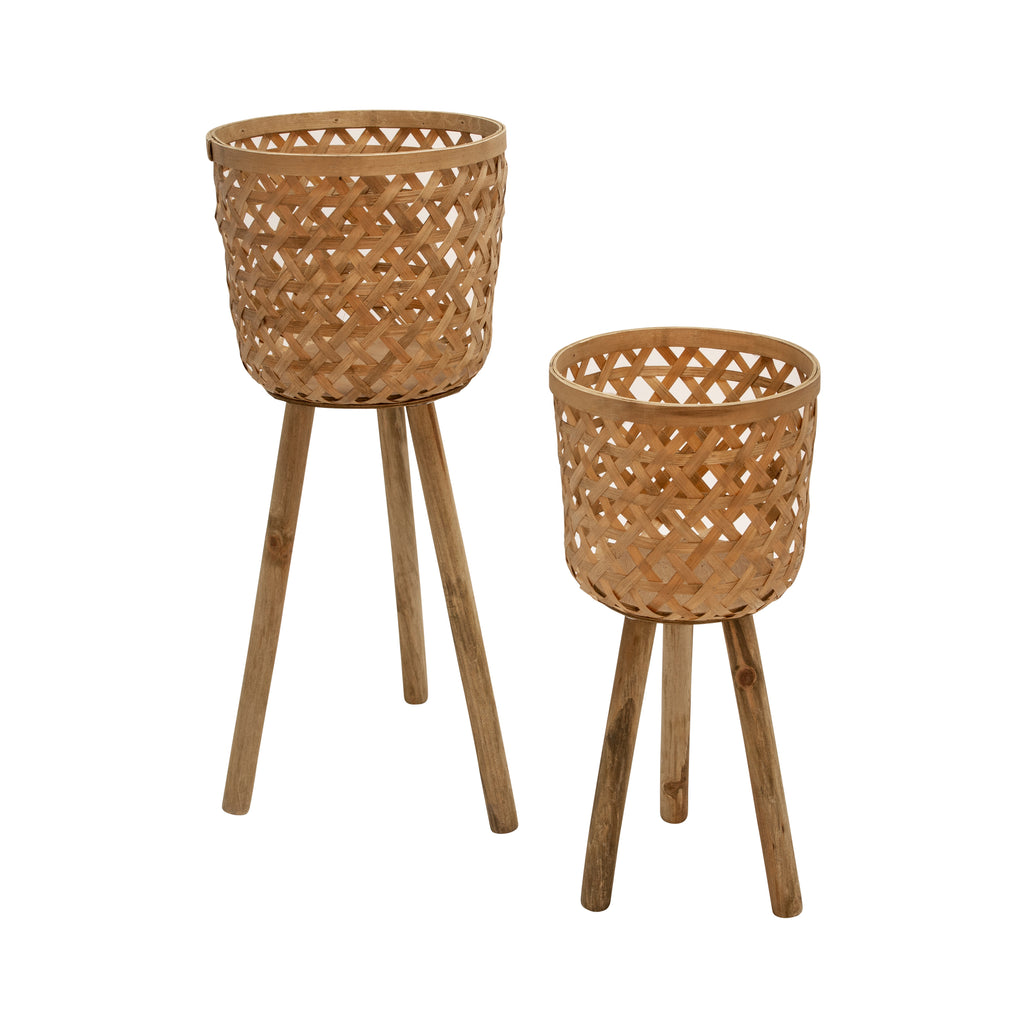 S/2 Bamboo Planters On Stand,Natural - ReeceFurniture.com