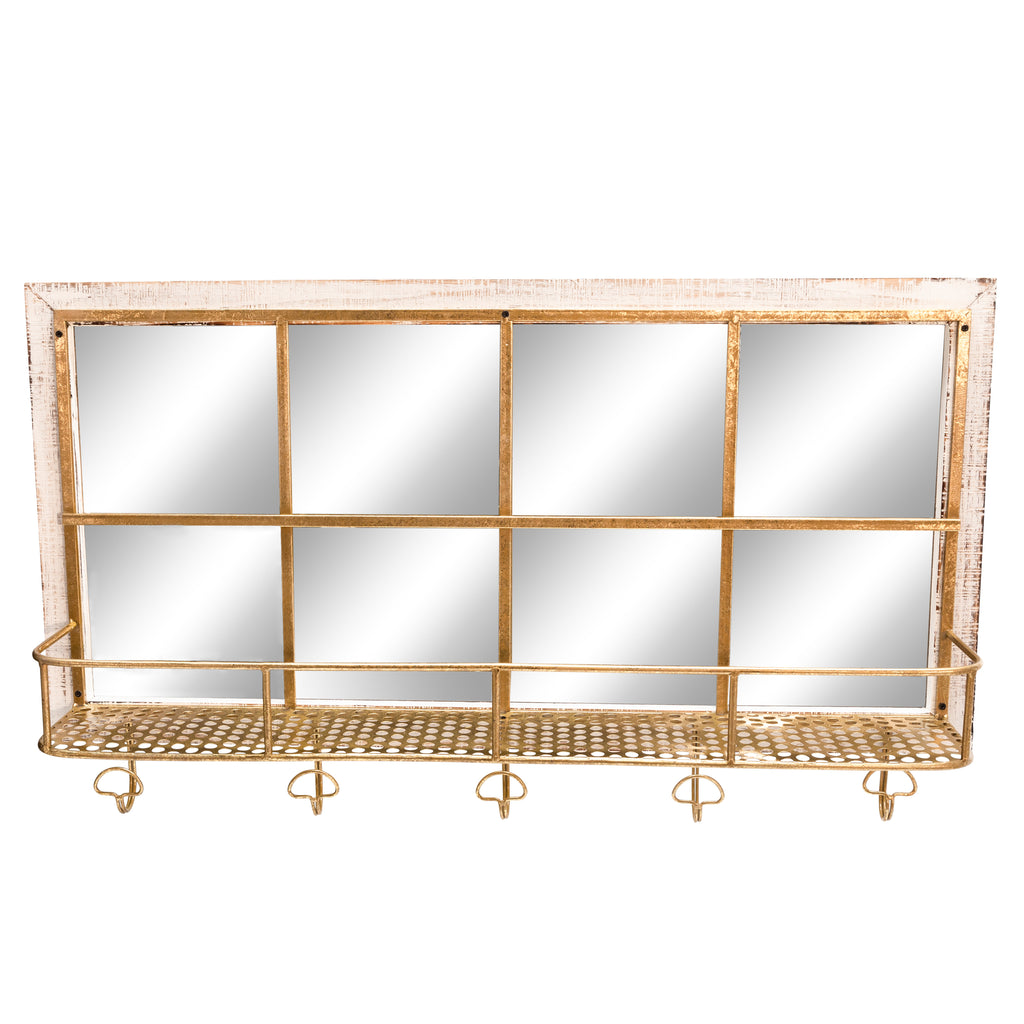Wood/Metal Mirrored Wall Shelf W/Hooks, White Wash - ReeceFurniture.com