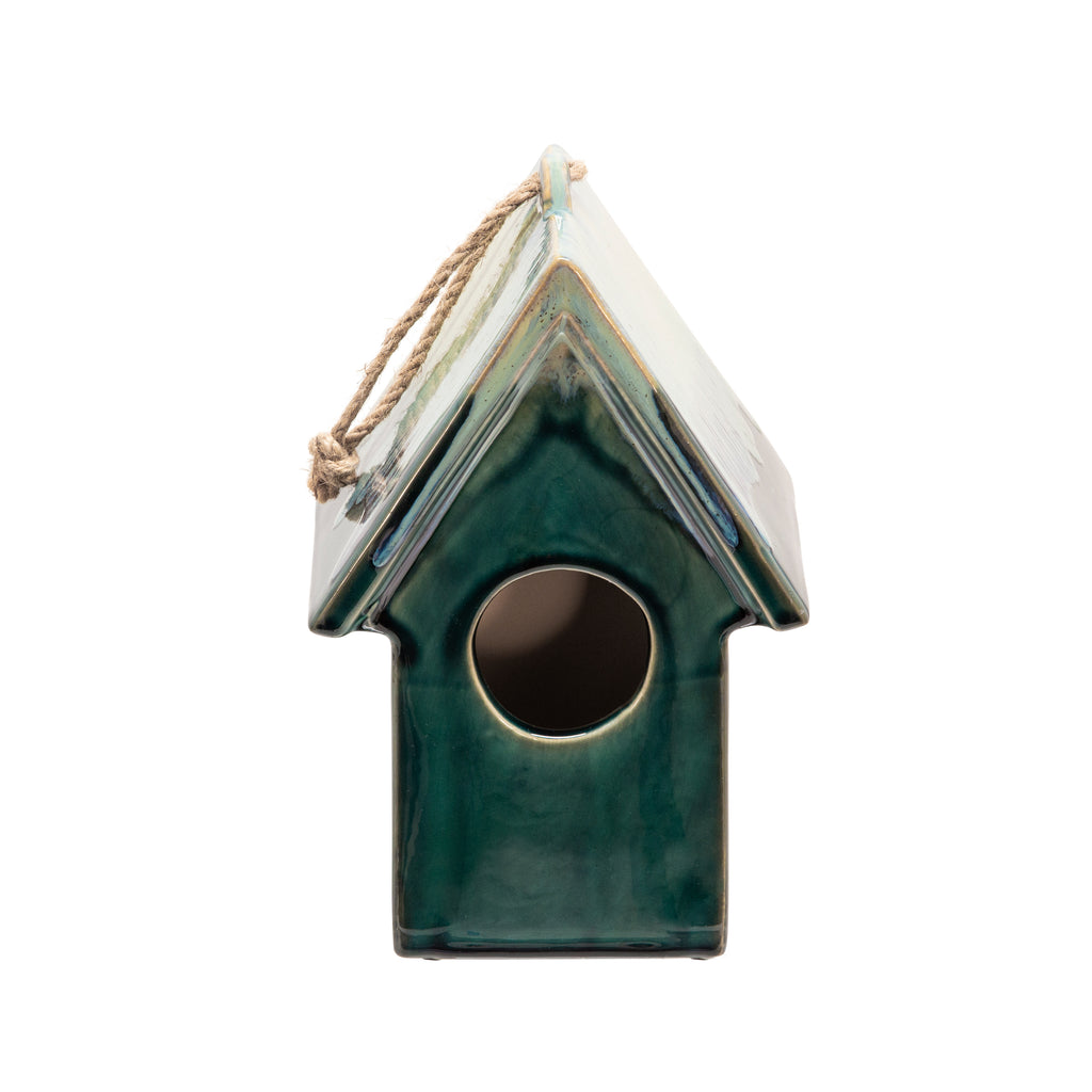 Ceramic 9.5" Deco Bird House,Green - ReeceFurniture.com