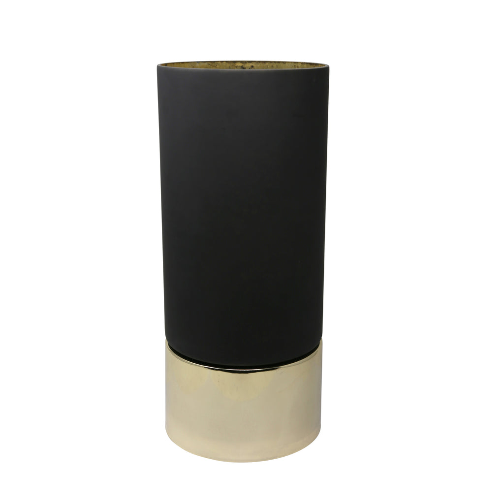 18.75" Glass Hurricane W/Metal  Base, Black/Gold - ReeceFurniture.com